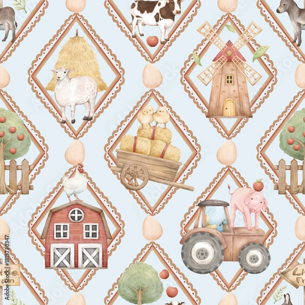 Fototapeta Little Farm Animals Seamless Pattern with Barn, Tractor, Trees, Chicks, Cows, Pigs, Sheep, Donkey, Boots, Windmill, and Farm Elements for Kids Products and Nursery Designs
