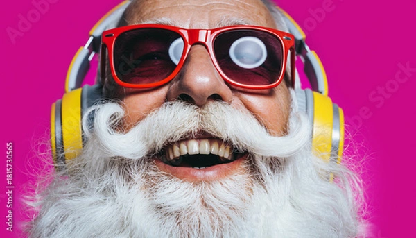 Fototapeta Close-up of a Joyful Santa Claus in Red Sunglasses and Yellow Headphones