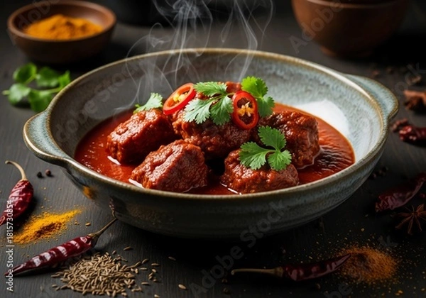 Fototapeta Spicy traditional beef Vindaloo curry served hot in rustic bowl with chili garnish and steam rising for authentic Indian cuisine presentation