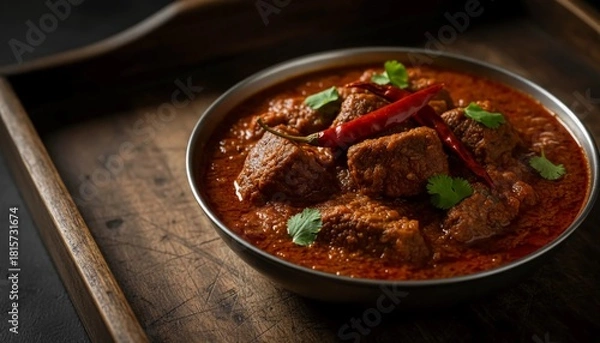 Fototapeta Steaming spicy meat Vindaloo curry topped with chili and herbs served in rustic bowl for rich flavorful Indian dining