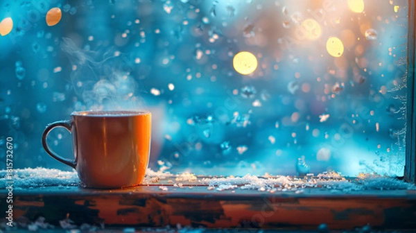 Fototapeta Steaming cup of hot coffee or tea by a window with raindrops and blue bokeh background - Generative AI