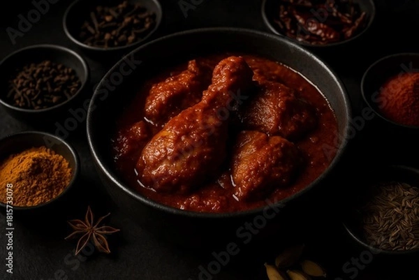 Fototapeta Dark rich chicken Vindaloo simmered in spiced red gravy surrounded by authentic Indian spices for intense depth of flavor
