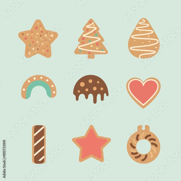 Fototapeta A row of five pastel Christmas stockings hanging on a line against a light green background.