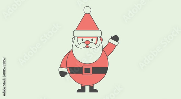 Obraz Simple flat illustration of Santa Claus waving, wearing a red suit and hat with a white beard, on a light green background.