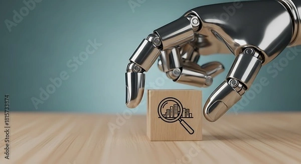 Fototapeta Robotic hand holding a wooden block with a magnifying glass over a bar chart icon, symbolizing data analysis or ai research