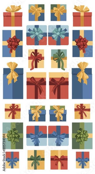 Fototapeta A vibrant collection of various colorful gift boxes adorned with bows, arranged neatly in rows and columns.
