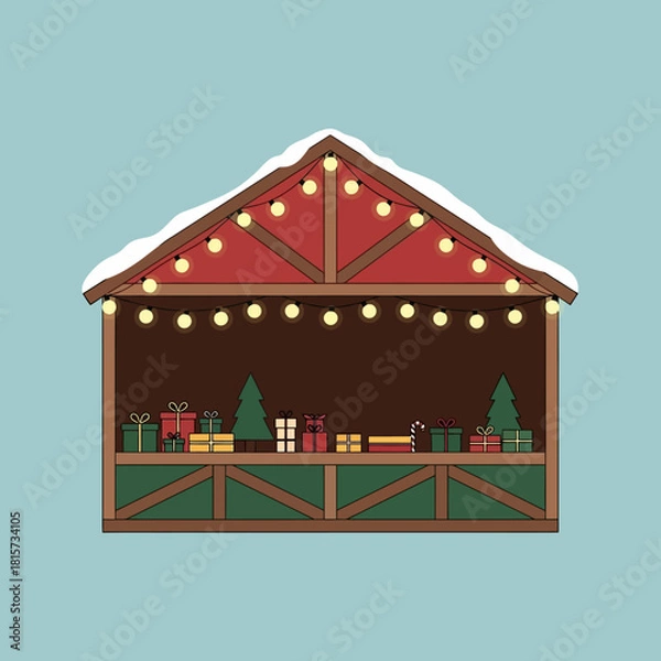 Fototapeta A festive Christmas market stall decorated with snow, string lights, gifts, and small trees on a light blue background.