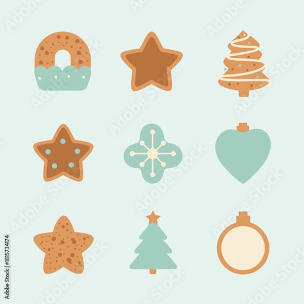 Fototapeta A collection of various festive gingerbread cookies and ornaments with light blue and white icing details.