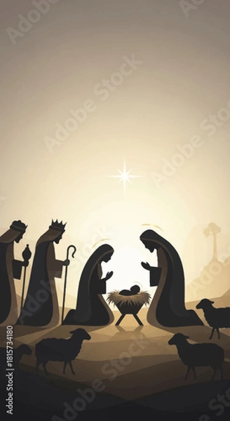 Fototapeta Silhouette Nativity scene depicting Mary, Joseph, and the baby Jesus in a manger, with three wise men and sheep under a guiding star.