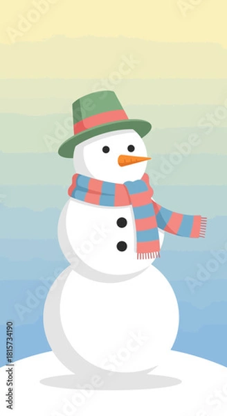 Obraz A cute cartoon snowman wearing a green hat and a striped scarf stands on a snowy hill under a winter sky.