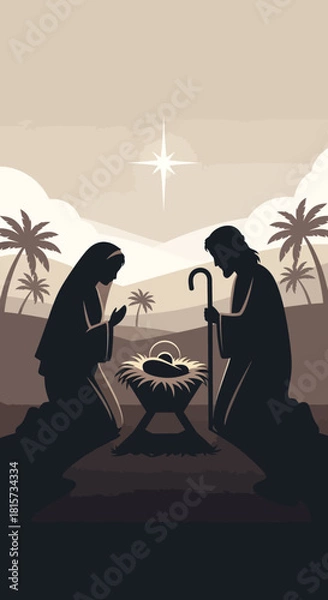 Fototapeta Silhouette depiction of the Nativity scene with Mary, Joseph, and baby Jesus under a guiding star, surrounded by palm trees.