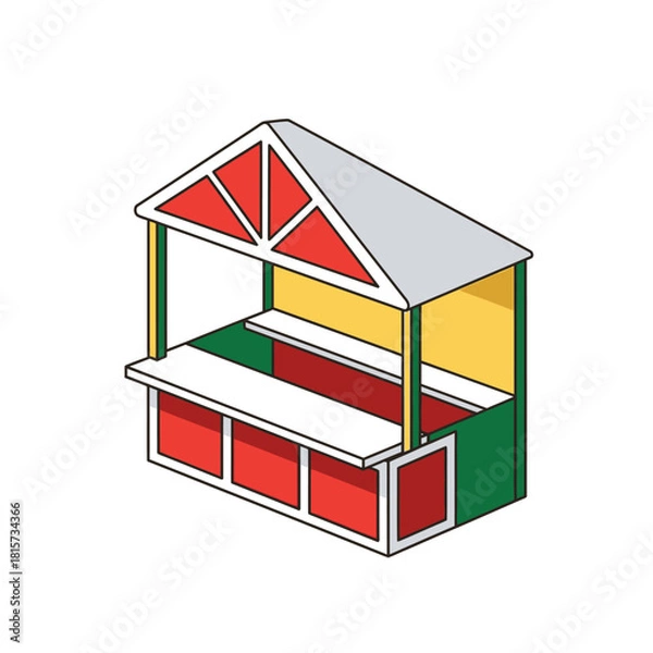 Fototapeta Isometric illustration of a colorful market stall with a red and white roof, yellow interior, and green and red base, suitable for a fair or festival.