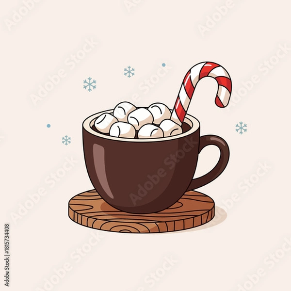 Fototapeta A cozy illustration of hot chocolate with marshmallows and a candy cane on a wooden coaster, surrounded by snowflakes.
