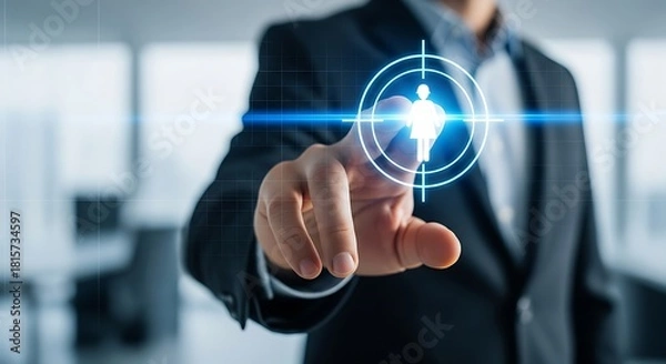 Fototapeta Businessman hand pointing at glowing digital target icon representing human resource selection, recruitment, or customer focus