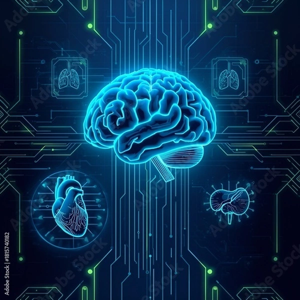 Fototapeta Blue Brain With Circuitry Overlay Advanced Neural Network Visualization For Tech And Medicine