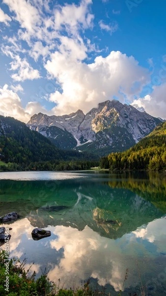 Fototapeta A serene lake mirrors mountains under a partially cloudy blue sky