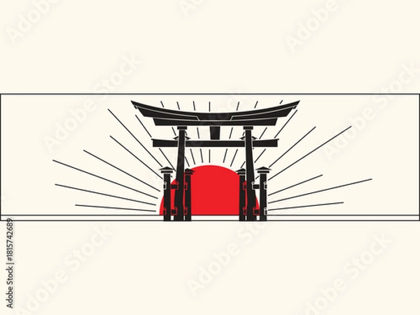 Fototapeta Minimalist Japanese Torii Gate Vector with Red Sun and Black Outline Elements