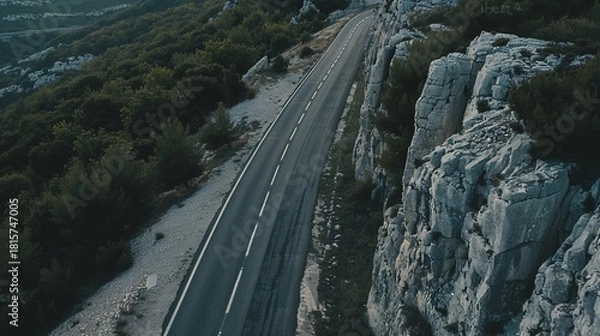 Fototapeta Aerial view of a winding road between rocky cliffs and verdant forests under a soft sky