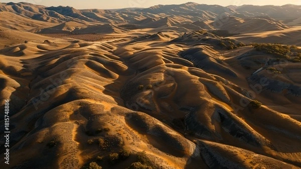 Fototapeta Aerial view of rolling hills in warm sunlight, creating patterns and shadows across the landscape