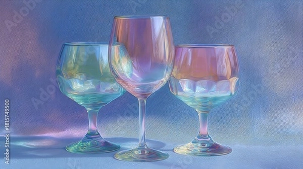 Fototapeta Set of Three Transparent Wine Glasses with Colorful Reflections on Blue Background