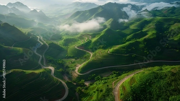 Fototapeta Aerial view of winding roads through lush, green mountains, with soft light and clouds