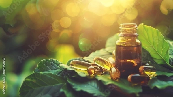 Fototapeta Amber bottle and capsules on green leaves, sunlight dappling the background
