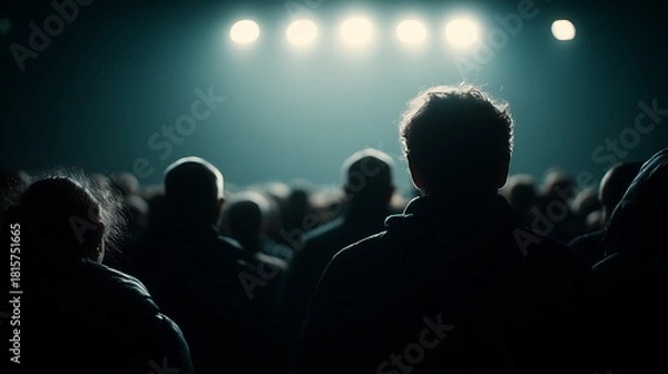 Fototapeta Silhouetted Crowd Standing Under Bright Stage Lights in Dark Event Venue