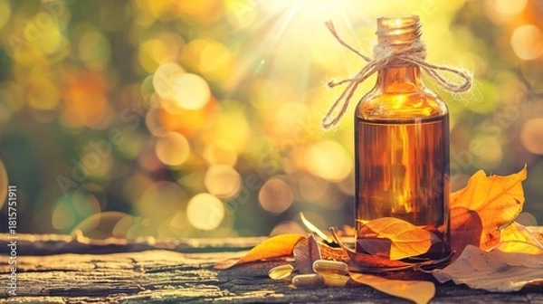 Fototapeta Amber bottle with liquid and capsules on a weathered wood surface, sunlight beams, autumn leaves