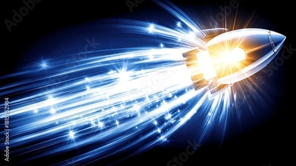 Fototapeta Silver Rocket with Bright Blue and Orange Flames Flying Through Dark Space Background