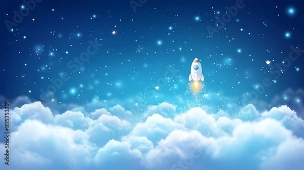 Fototapeta Small White Rocket Launching Into Starry Blue Night Sky Above Soft Clouds