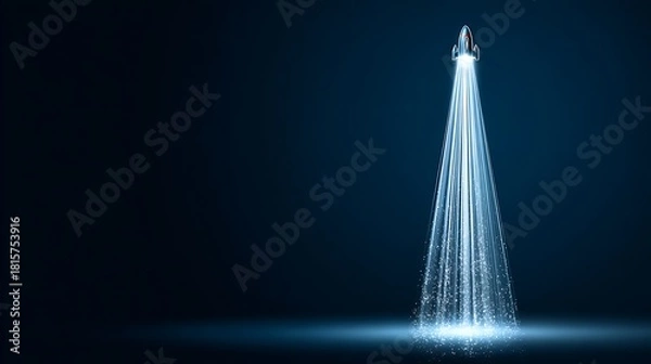 Fototapeta Small White Rocket Launching with Bright Blue Light Trails on Dark Background