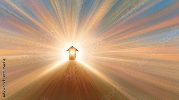 Fototapeta Small Wooden House Silhouette with Radiant Light Rays on Colorful Gradient Background