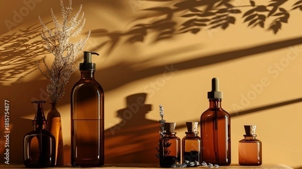 Fototapeta Amber glass bottles and jars, lit by sunlight, with botanical and shadow accents