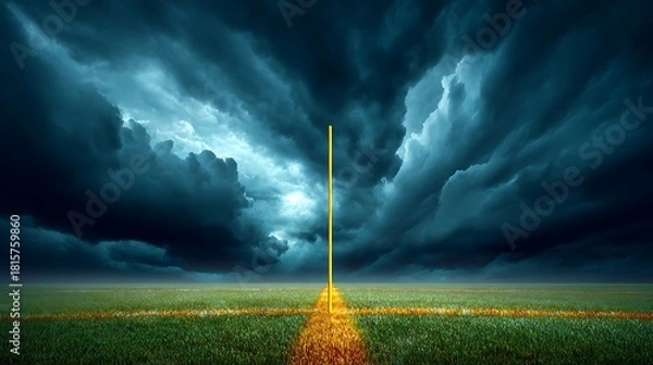 Fototapeta Tall Yellow Pole Standing in Green Field Under Dramatic Stormy Sky
