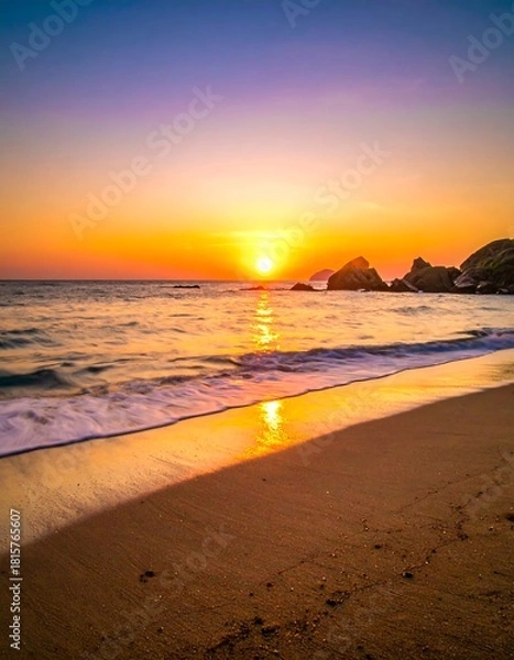 Fototapeta A serene ocean sunset with warm colors reflecting on the wet sand