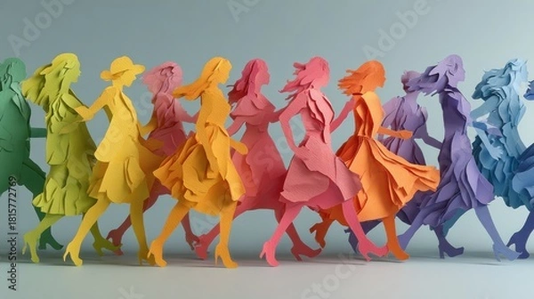 Fototapeta an energetic display of women in a variety of colors illustrating diversity and strength through paper silhouettes for international womens day