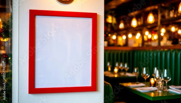 Obraz Charming restaurant interior with empty red frame and elegant table setting in warm ambiance