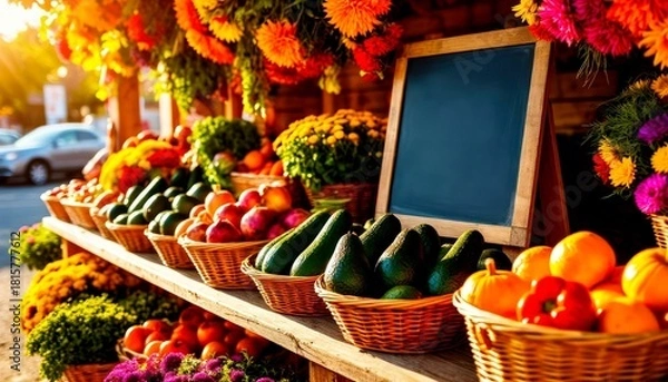Fototapeta Colorful farmer's market display with fresh fruits and vegetables, empty chalkboard for messages