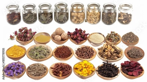 Fototapeta Array of dried herbs & spices in jars and wooden bowls against a white background