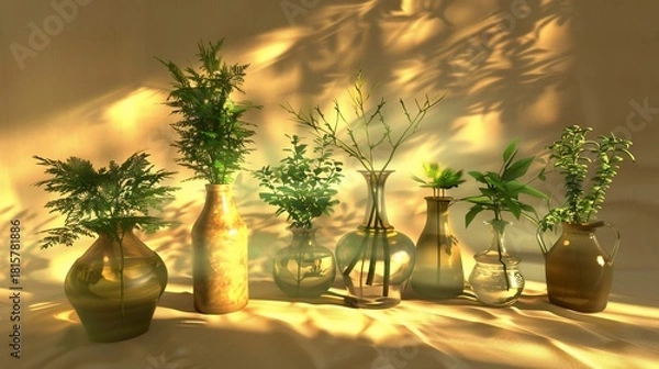 Fototapeta Array of glass vases hold various green plants, basking in warm light with dynamic shadows