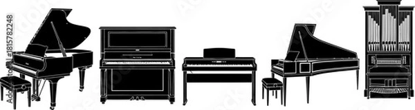 Fototapeta A collection of various keyboard musical instruments including grand pianos, an upright piano, a digital piano, and a pipe organ.
