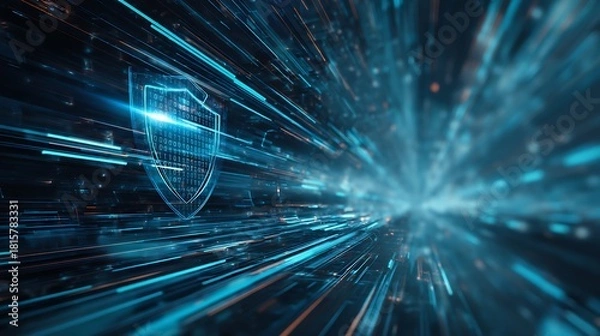 Fototapeta A shield symbolizing cybersecurity is superimposed on a dynamic, high-tech digital tunnel, symbolizing the protection and security of digital data.
