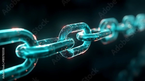 Fototapeta A metallic chain with glowing links, set against a dark background.