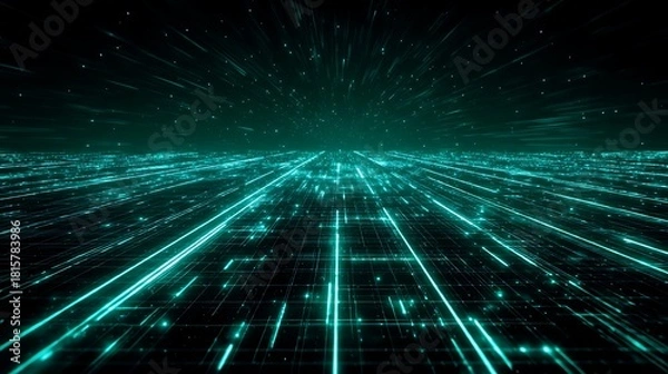Fototapeta A digital landscape with glowing lines and particles, set against a dark background.