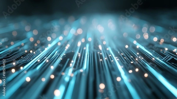 Fototapeta A complex circuit board with blue lights and bokeh effects, showcasing advanced technology and data processing.