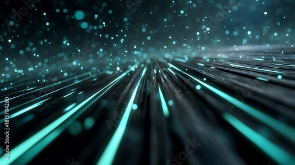 Fototapeta A digital landscape featuring glowing blue and green lines and particles against a dark background, with a futuristic, high-tech feel.