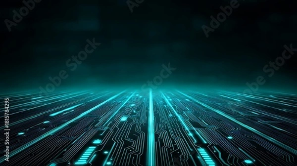 Fototapeta A glowing, intricate circuit board with blue and green lights, set against a dark background.