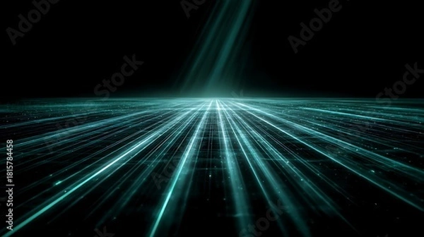 Fototapeta A digital landscape with glowing green lines and a black background, representing advanced technology and data processing.