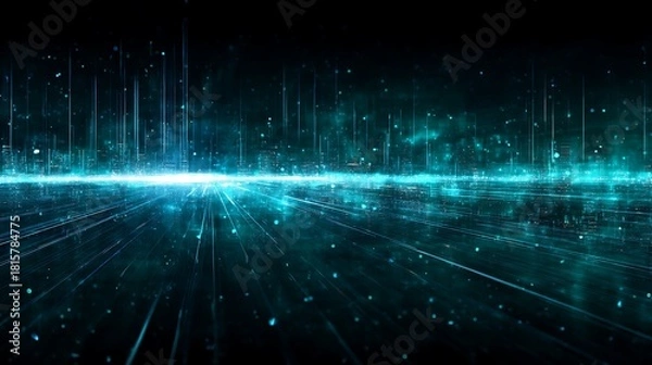 Fototapeta A vibrant, high-tech cityscape illuminated by neon lights and glowing particles, set against a dark, starry sky.