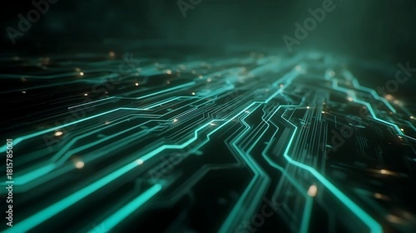 Fototapeta A detailed view of a complex circuit board with glowing blue lines, set against a dark background.